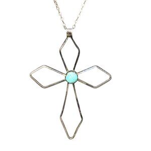 Vintage Larage Sterling Silver Cross Necklace Turquoise Centerpiece 2.5" Pendant
